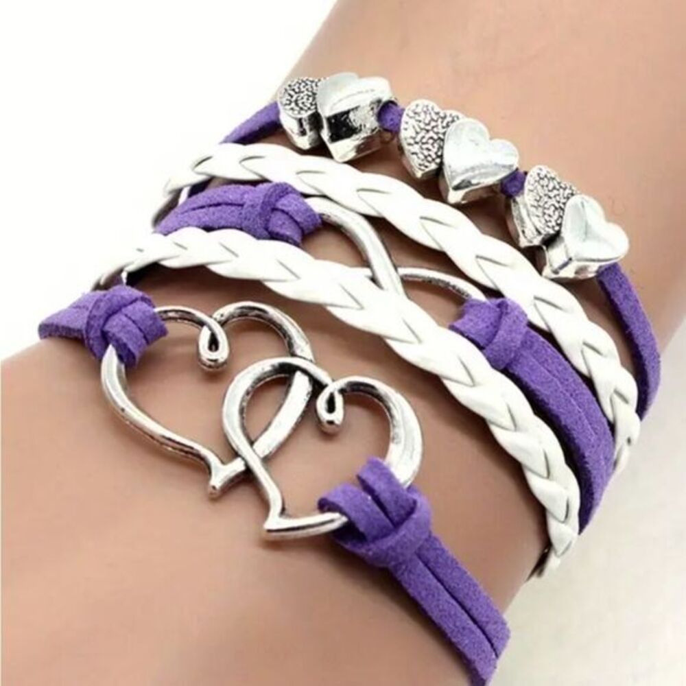 Multi Charm Bracelet‎ Leather Infinity Symbol Double Hearts